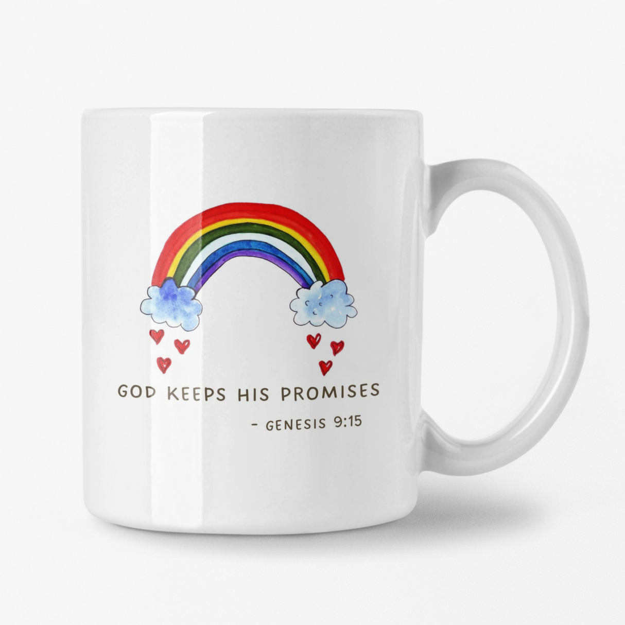 God Keeps His Promises mug with seven rainbow colors with clouds and hearts coming from the clouds to inspire kids